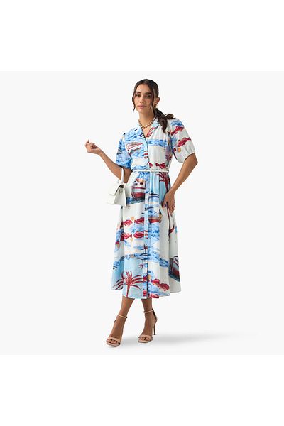 2Xtremz 2Xtremz All-Over Print Shirt Dress with Notch Collar and Puff Sleeves