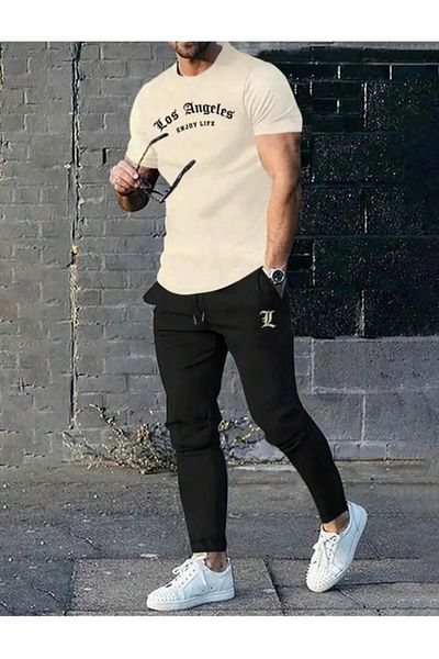 SKYLİGHT Beige Oversize Los Angeles Printed Bicycle T-Shirt - Black Jogger Sweatpants Set