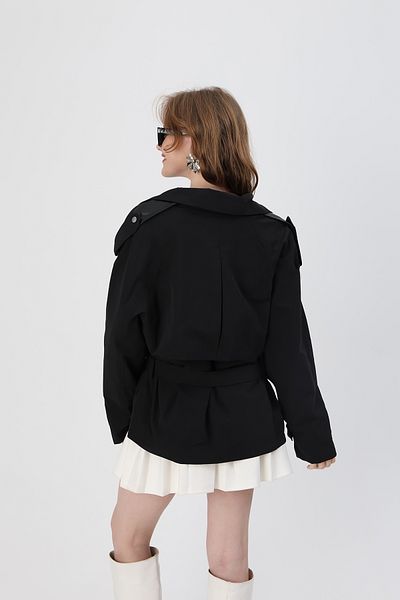 SHULEBOUTİQUE Women's Black Epaulette Oversize Waist Length Trench Coat with Belt
