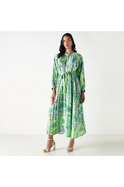 2Xtremz All-Over Print Maxi A-line Dress with Mandarin Collar and Tie-Ups