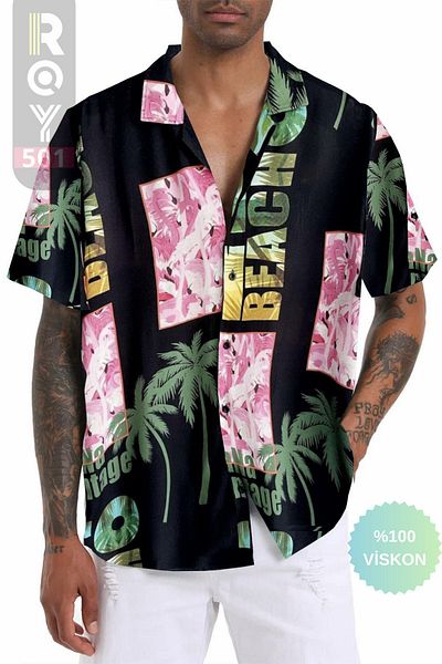 ROY501 Men's Short Sleeve Patterned Shirt - Summer, Oversize Black Shirt