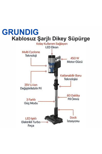 Grundig Ultra Pro Kablosuz Şarjlı Dikey Süpürge Siyah Gümüş