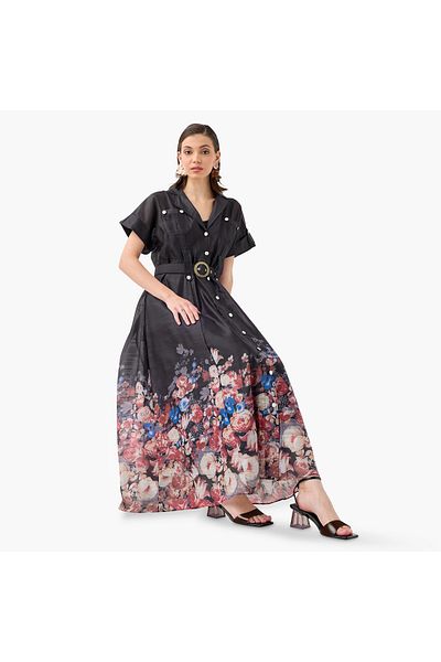 2Xtremz 2Xtremz Floral Print Maxi Dress with Lapel Collar and Short Sleeves