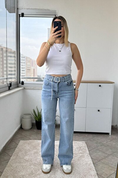 Kubos Moda Traper Kaiš komada, nogavica u obliku cevi Visok struk plave jeans...