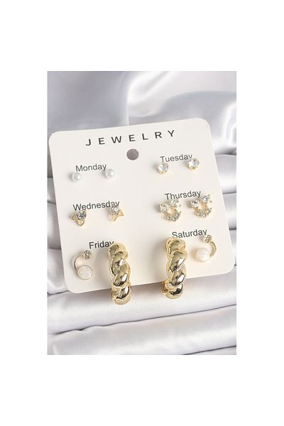 Skygo Brass Gold Color Zircon Stone Spiral Hoop Model 7-Piece Women's Earring Set - Tj-Bkp10324