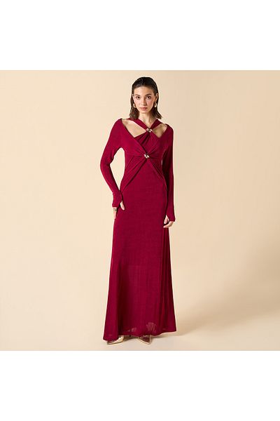 2Xtremz Halter Neck Maxi Dress with Long Sleeves and Detail