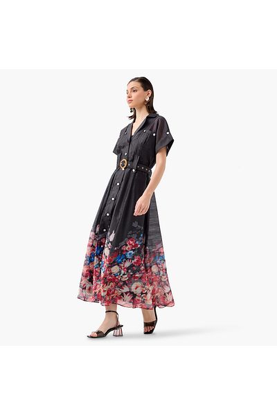 2Xtremz 2Xtremz Floral Print Maxi Dress with Lapel Collar and Short Sleeves