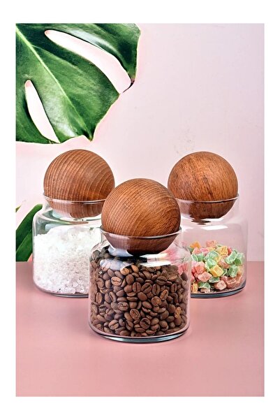 Mottogo 3'lü Ahşap Top Kapaklı Cam Kavanoz Seti - 300 ml