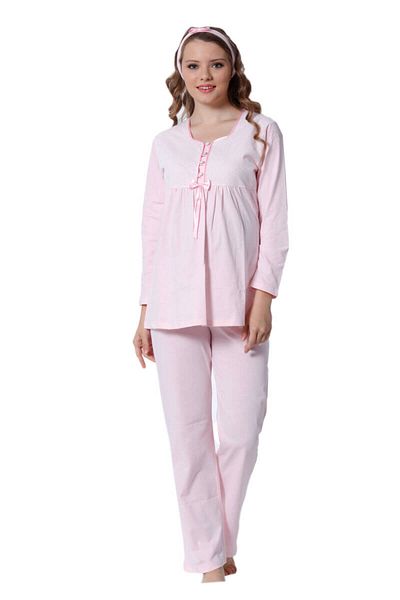 ALİMER Maternity Pajama Set - Pink Lace Detailed Long Sleeve with Headband 2378