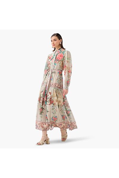 2Xtremz Floral Print Shirt Dress with Long Sleeves and Waist Tie-Up