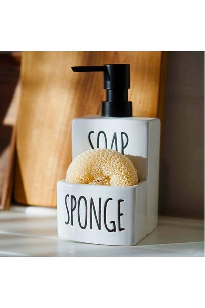 Mottogo Ceramic Liquid Soap Dispenser and Sponge Holder |   Stylish and Practical Bathroom 17 X 9 cm