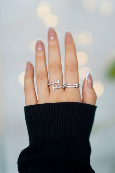 The Collection Set of 2 Zircon Stone Waterway and t Model Silver Adjustable Women's Rings (2 Rings)