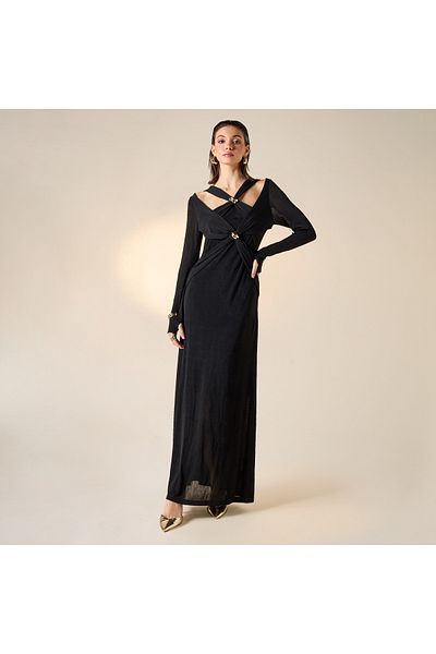 2Xtremz Halter Neck Maxi Dress with Long Sleeves and Detail