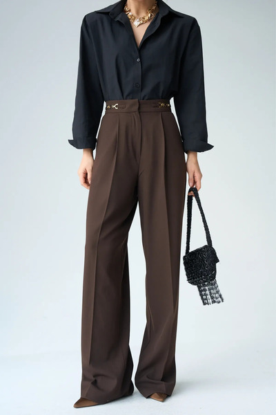 My Blog Hnědé kalhoty Palazzo s detailem doplňků - 251008