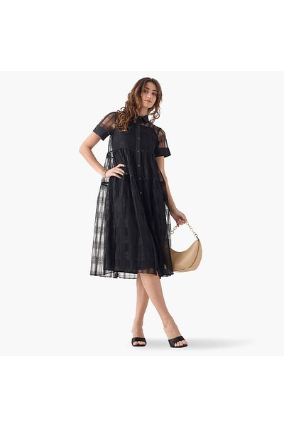 2Xtremz 2Xtremz Mesh Midi Shirt Dress with Short Sleeves and Button Closure