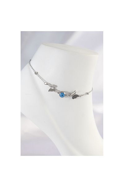 Skygo 316L Steel Butterfly Anklet - Silver Color with Evil Eye Bead Detail - TJ-HH1602
