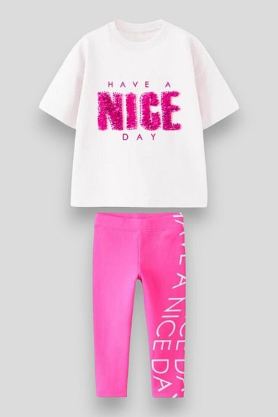Magu Girl's Cotton White-Pink Slogan Set "Have a Nice Day"
