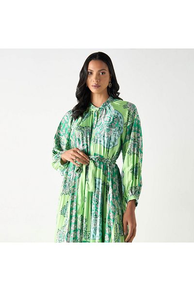 2Xtremz All-Over Print Maxi A-line Dress with Mandarin Collar and Tie-Ups