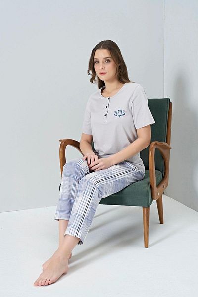 gd goldoremi 1853 Costum de pijama în carouri cu mânecă scurtă pentru femei