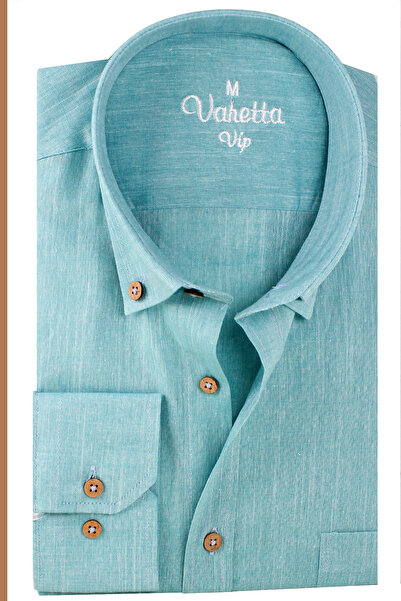 Varetta Erkek Turkuaz Mavi Uzun Kollu Keten Efektli Cepli Pamuklu Gömlek