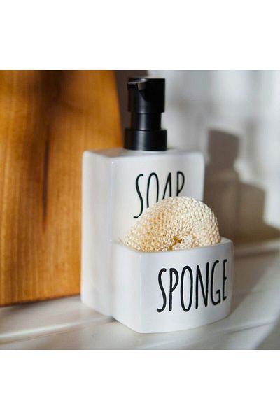 Mottogo Ceramic Liquid Soap Dispenser and Sponge Holder |   Stylish and Practical Bathroom 17 X 9 cm