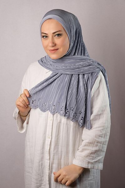 HÜRREM BONE Γκρι πρακτικό έτοιμο μαντήλι χιτζάμπ Fukuro πλισέ με λουλουδάτο μοτίβο κοπής με λέιζερ 1819_15