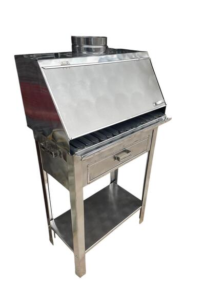 TOPSÖKEN Paslanmaz Kömürlü Mangal Çekmeceli 28 x 50 Cm Kalın Oluklu Lama Izgaralı