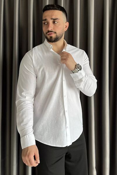 MİSHAR İTALİA Λευκό μακρυμάνικο ανδρικό λινό πουκάμισο