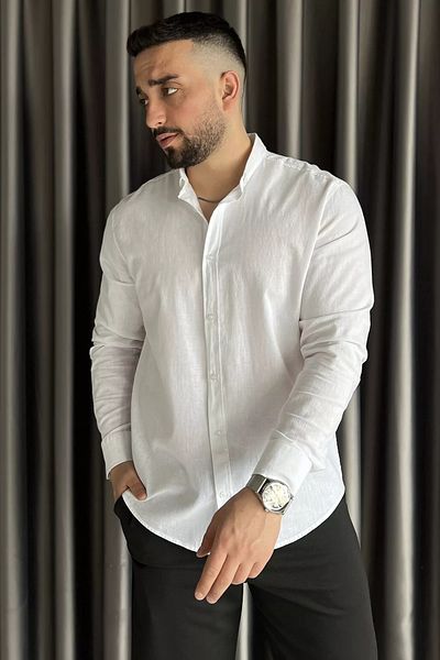 MİSHAR İTALİA Λευκό μακρυμάνικο ανδρικό λινό πουκάμισο