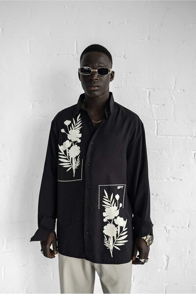 ablukaonline Ανδρικό πουκάμισο με υφή με στάμπα Oversize Μαύρο