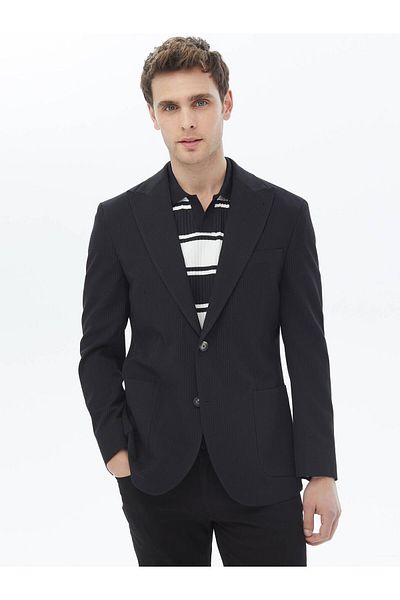 Kip Black Striped Regular Fit Cotton Blend Jacket