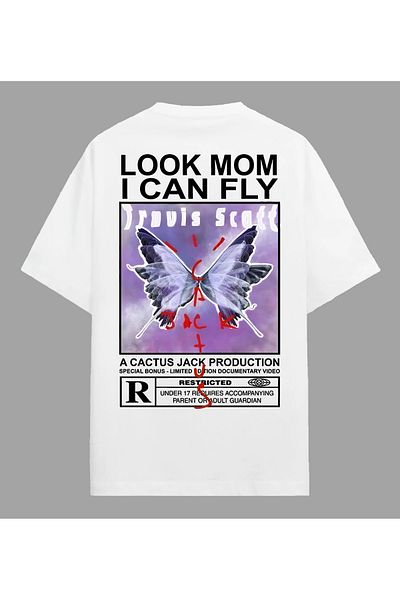 Edizen Tricou Travis Scott Look Mom I Can Fly Cactus Jack Premium Unisex Oversize 100% bumbac alb