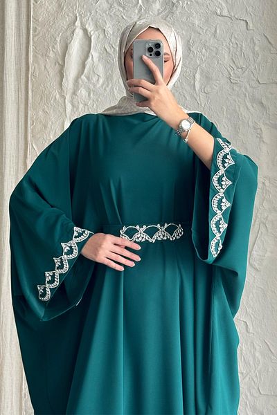InStyle Stone Belted Bat Sleeve Emerald Green Abaya