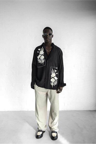 ablukaonline Ανδρικό πουκάμισο με υφή με στάμπα Oversize Μαύρο