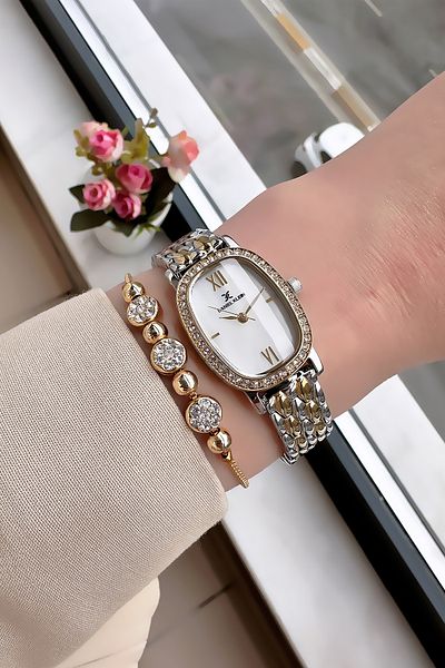 Daniel Klein Women's Wristwatch - Oval Stone Case, Waterproof Gold Silver Steel Band Gift Bracelet