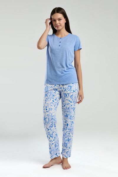 ROZELT Set pijamale cu mânecă scurtă pentru femei cu model de flori albastre R.O.3.2.Z.E.4.4..L.T.