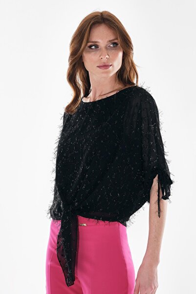 EXPLOSION Büyük Beden Simli Dokulu Bğlama Detaylı Şık Bluz