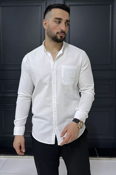 MİSHAR İTALİA Cămașă albă pentru bărbați cu mânecă lungă cu un singur buzunar