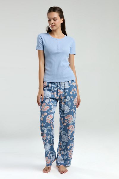 ROZELT Set pijamale cu mânecă scurtă cu imprimeu floral albastru pentru femei R.O.3.0.Z.E.0.0..L.T.