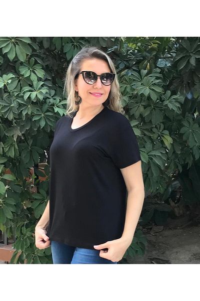 anne moda ankara Single Color V-Neck Large Size Viscose Draped Bulu with Split, Short Sleeve Thin Bulu