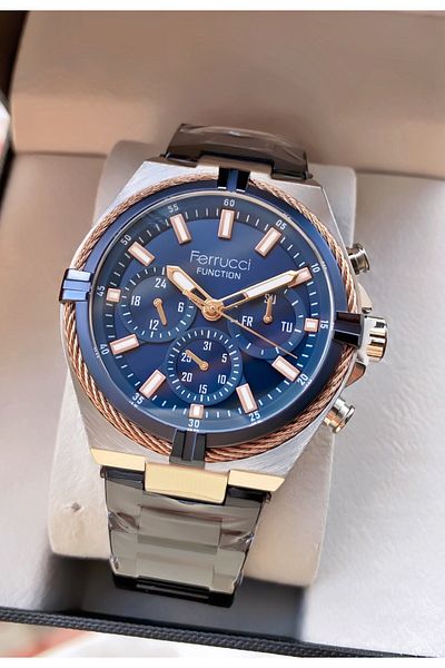 Ferrucci Brand Black Color Steel Cord Inner Functions Active Steel Men's Wrist Watch - with Bracelet Gift