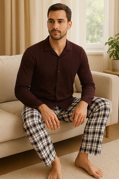 Pijamaevi Claret Red Plaid Front Buttoned Long Sleeve Men's Pajama Set