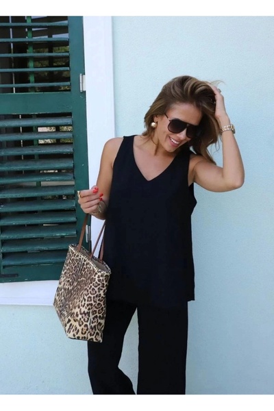 Ecenin Favorileri Black Strap Blouse Pants Bottom Top Women's Set