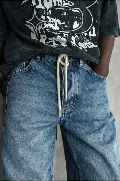 ablukaonline Men's Lace-Up Stripe Detailed Baggy Jean Blue