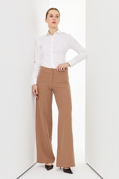 Doque Wide Leg Crepe Stretch Fabric Women's Trousers Mink Beige 59017