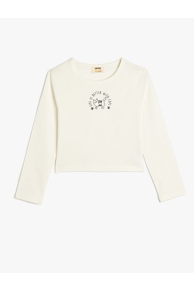Koton New Season T-Shirt Long Sleeve Cat Printed Crew Neck Cotton