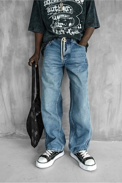 ablukaonline Men's Lace-Up Stripe Detailed Baggy Jean Blue