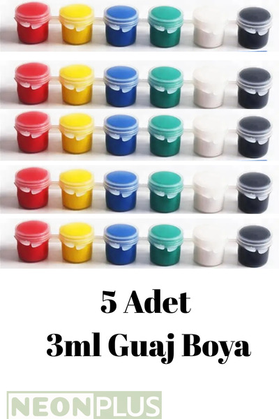 NEON PLUS 5 Adet 3ml   Guaj Boya, Etkinlik Boyama, KırmızıSarıMaviYeşilBeyaz