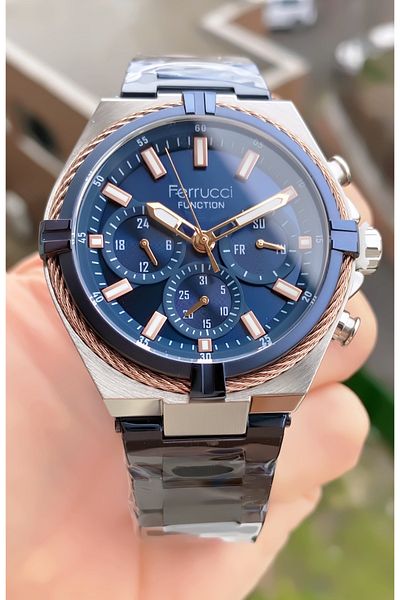 Ferrucci Brand Black Color Steel Cord Inner Functions Active Steel Men's Wrist Watch - with Bracelet Gift