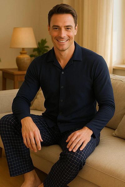 Pijamaevi Marineblaues kariertes Langarm-Pyjama-Set mit Knopfleiste für Männer